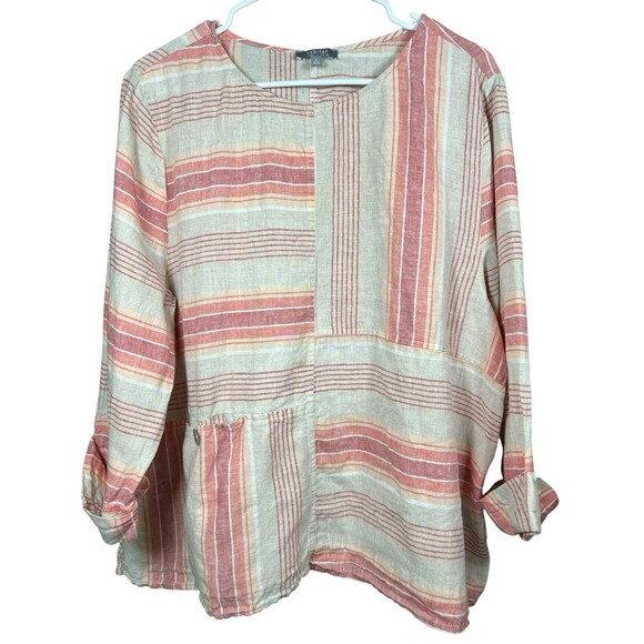 Habitat Linen Cotton Tunic Top XL Striped Patchwork Lagon Art Teacher Minimal - Picture 1 of 10